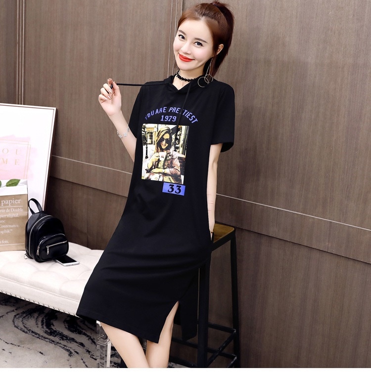 A1044.Vネックフード付きワンピース（ブラック）2019 春夏 sale 春夏 sale ドレス 半袖 カジュアル エレガント お呼ばれ パーティー 女子会 レストラン デート