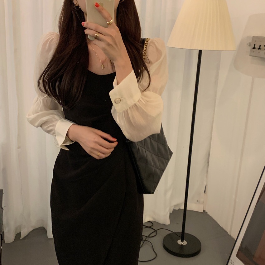 ワンピース レディース 送料無料 2色 ブラウス シャツ 切り替え 長袖 ハイウエスト ミディアム丈 トラペーズネック ハートシェイプドネック ドレープ リラックス ウエストマーク ロマンチック ガー