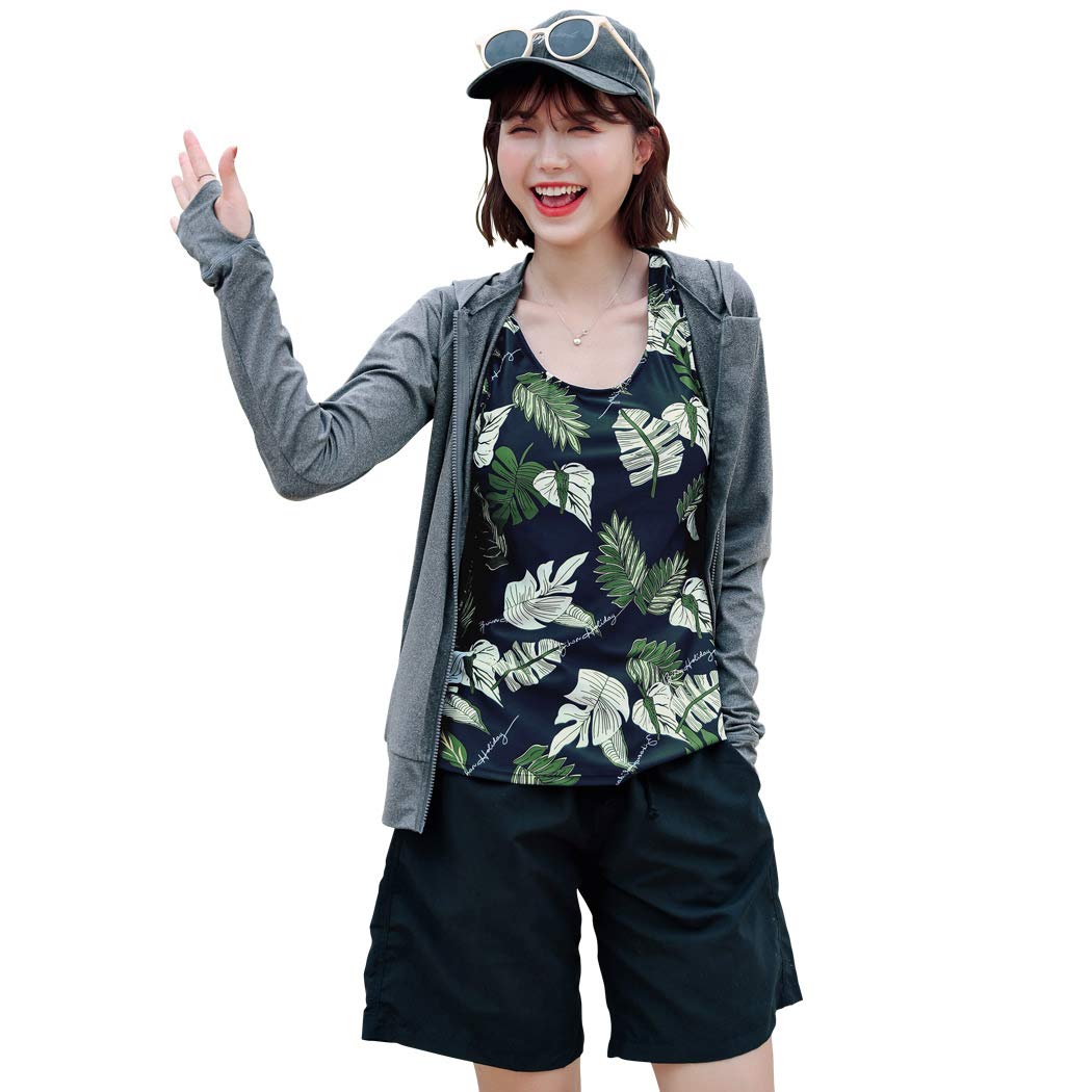 [Teddy] 水着 レディース 体型カバー タンキニ 長袖ラッシュガード ブラトップ ショーツ ショートパンツ 4点セット hys2327 (G：ネイビー×ハワイアンリーフ, M(9号)) 5,347円