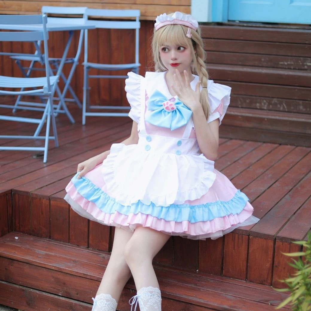 【2025新作】ピンクメイド服蝶結びメイド服ソフト妹コスプレ衣装ロリータワンピースアリスcos服