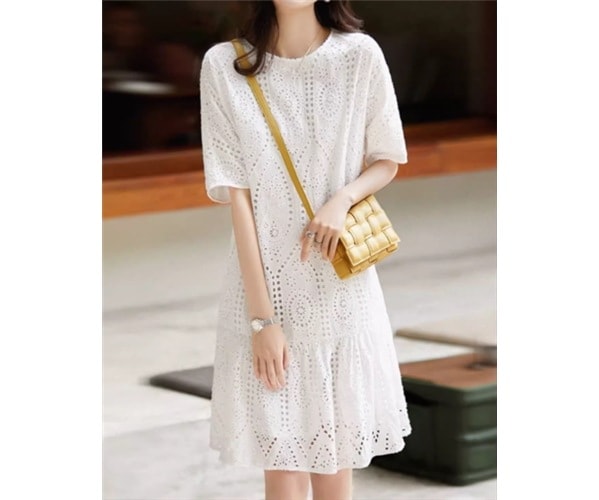 レディース ワンピース プルオーバー ミニ ショート 半袖 ラウンドネック Aライン フェミニン レース 刺繍 シフォン かわいい 大人可愛い きれいめ シンプル カジュアル 上品 おしゃれ レトロ