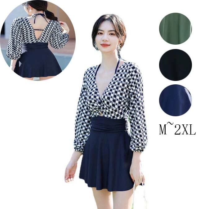 送料無料 長袖ワンピース 水着 日焼け防止 Vネック 韓国風 オールインワン ビキニ 小胸 美胸 レディース ミズギ 大きサイズ みずぎ 体型カバー パッド付き 女性用水着 タンキニ ママ 体型カバー