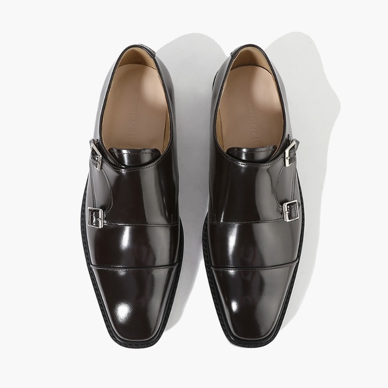 メンズ 本革 キャップトゥ オックスフォード ストレートチップ モンクストラップ 背高靴 (BR)