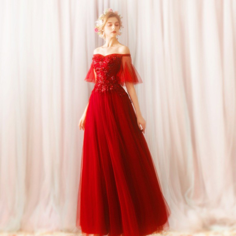 カラードレス 赤 演奏会 ロングドレス 格安 パーティードレス 袖あり イブニングドレス 結婚式 フ