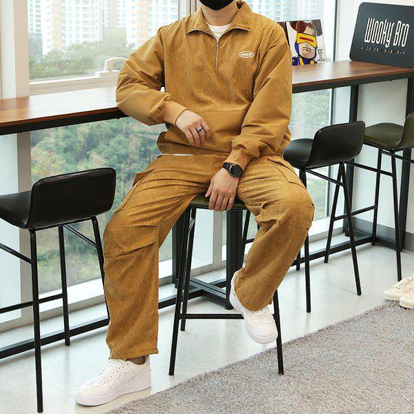 WWF メンズ リブ 配色 アンカバー ハーフジップ ワイド カーゴパンツ