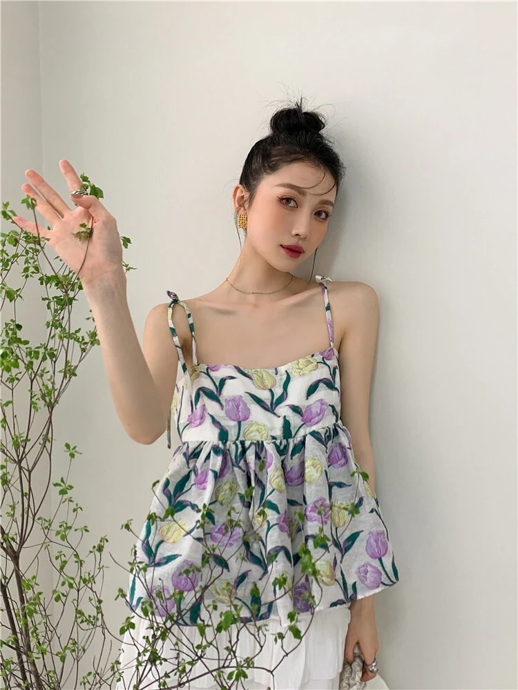 トップス チュチュ ノースリーブ レギュラー丈 夏 ルーズ 花柄 S M L ピンク パープル 紐 キャミソール 袖なし 襟なし Aライン フリル リボン かわいい 大人可愛い 大人 上品 おしゃれ