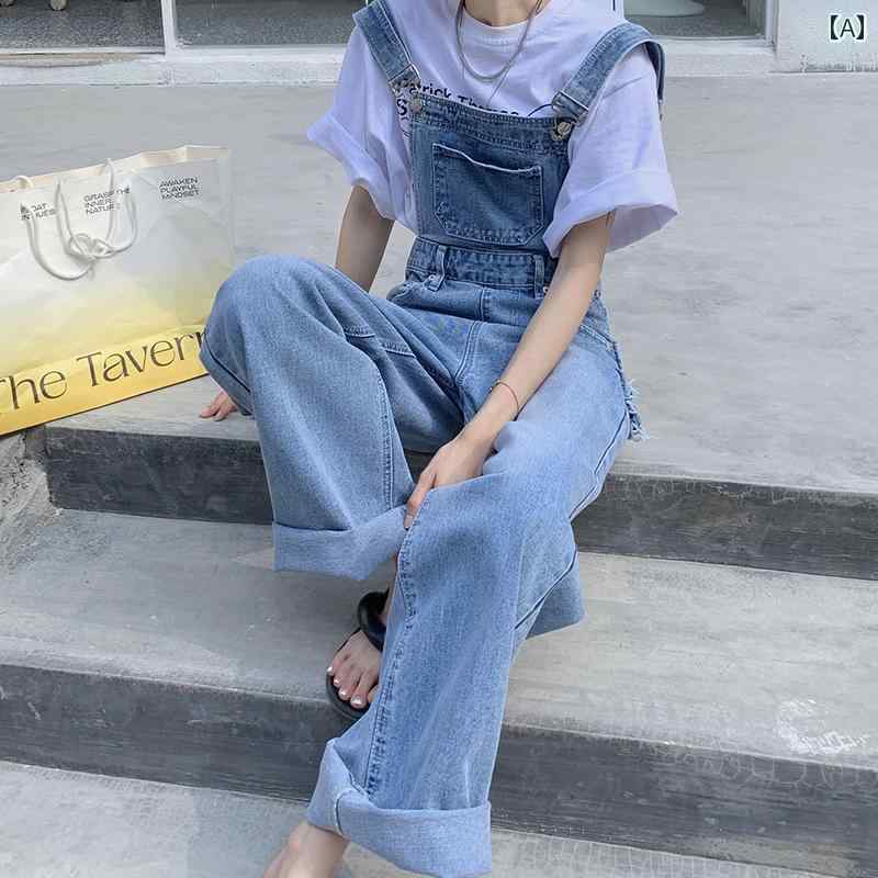 オーバーオール デニムパンツ レディース ダメージ ジーンズ クラッシュ 夏 ストレート 韓国 カジュアル ウォッシュド ブルー