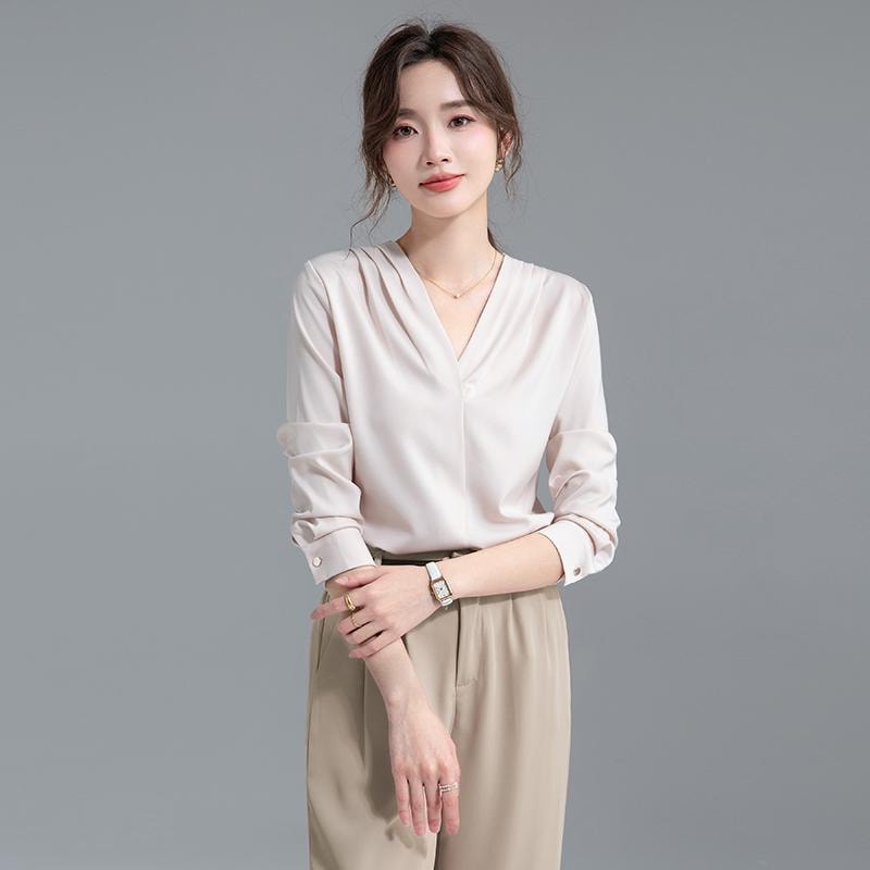 ブラウス Vネック シャツ レディース シフォン 春秋 シャンパンカラー サテン トップス インナーウェア カジュアル シンプル