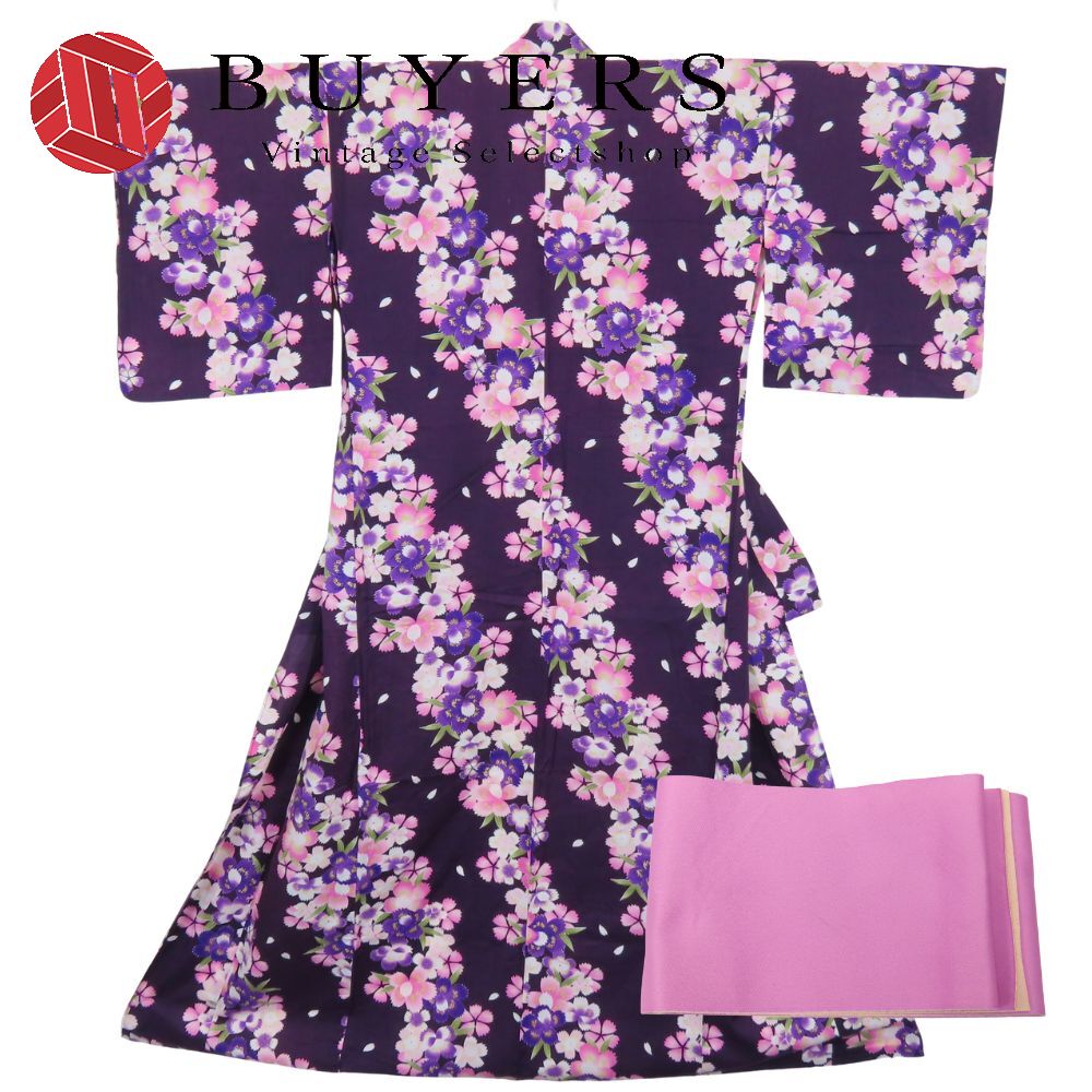 中古 浴衣 2点セット 半幅 綿 ポリエステル 紫系 ピンク系 ベージュ 花柄 可愛い 和装 呉服 和服 きもの レディース 女性