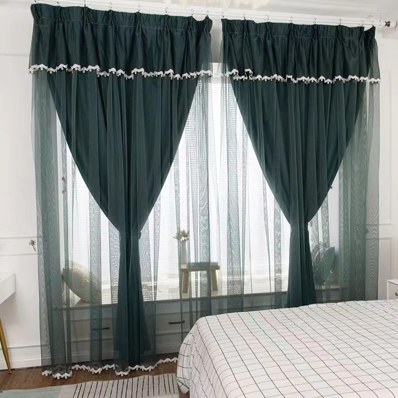 韓国ファッション カーテンセット遮光カーテン+レース２枚組/ 断熱 遮光 省エネ レースカーテン UVカット防音 北欧風 かわいい ホームデザイン