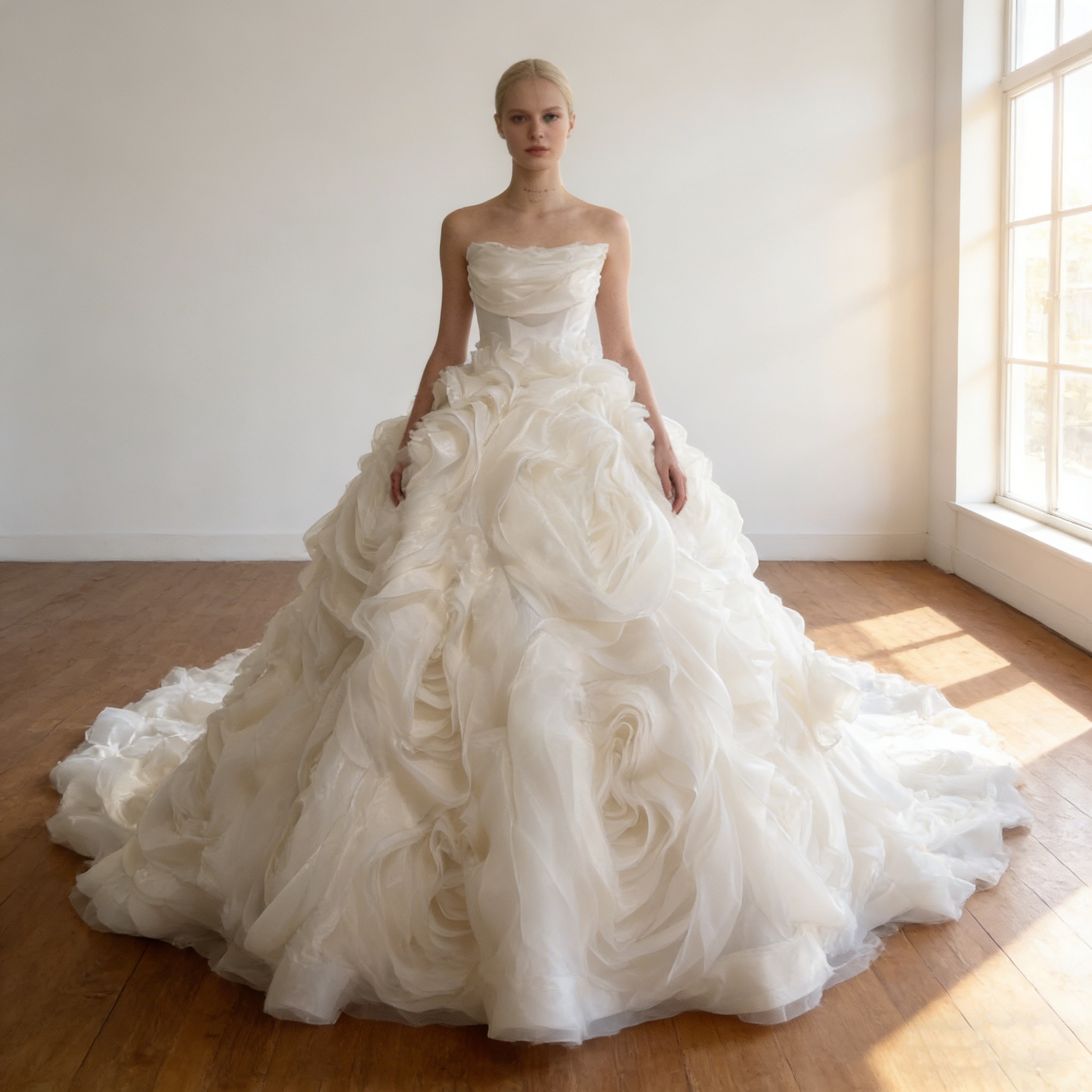 ウエディングドレス オフホワイト ビスチェドレス バラトレーン ビスチェドレス 華やかなトレーン 披露宴/結婚式