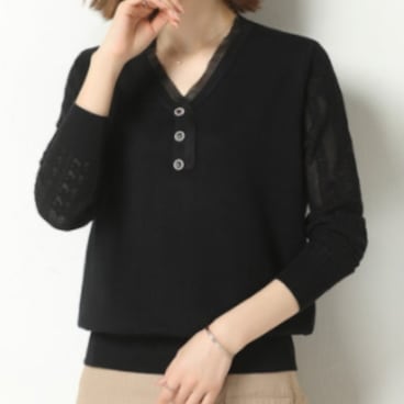 長袖カットソー トップス Tシャツ ニットソー フェミニン ブラック 黒 アプリコット ブルー 青