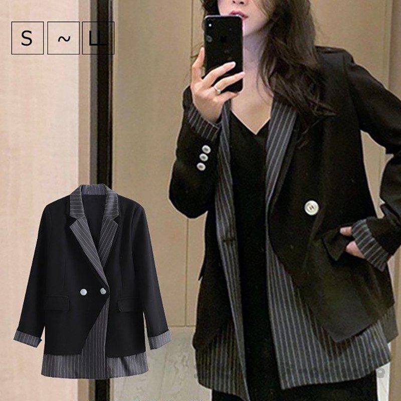 テーラードジャケットレディースライトアウター長袖裏地ストライプ切り替えレイヤード風テーラードジャケット