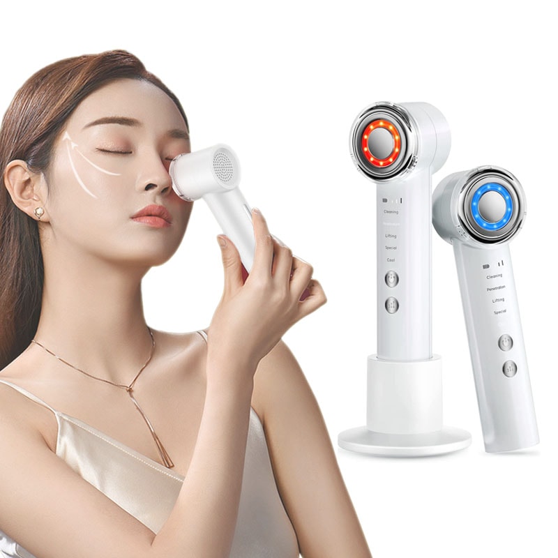 【爆発品】美顔器 EMS 超音波美顔器 温冷美顔器 温熱ケア 冷却ケア 青光 赤光 イオン 多機能 USB充電式 温冷美容器 自宅用 男女用 ホワイト