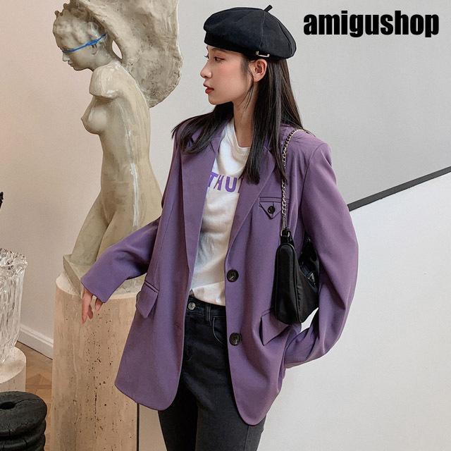 パープル テーラードジャケット レディース 春 秋 韓国風 オシャレ ジャケット 20代 30代 ブラック 黒 スーツジャケット 通勤 OL オフィス 40代