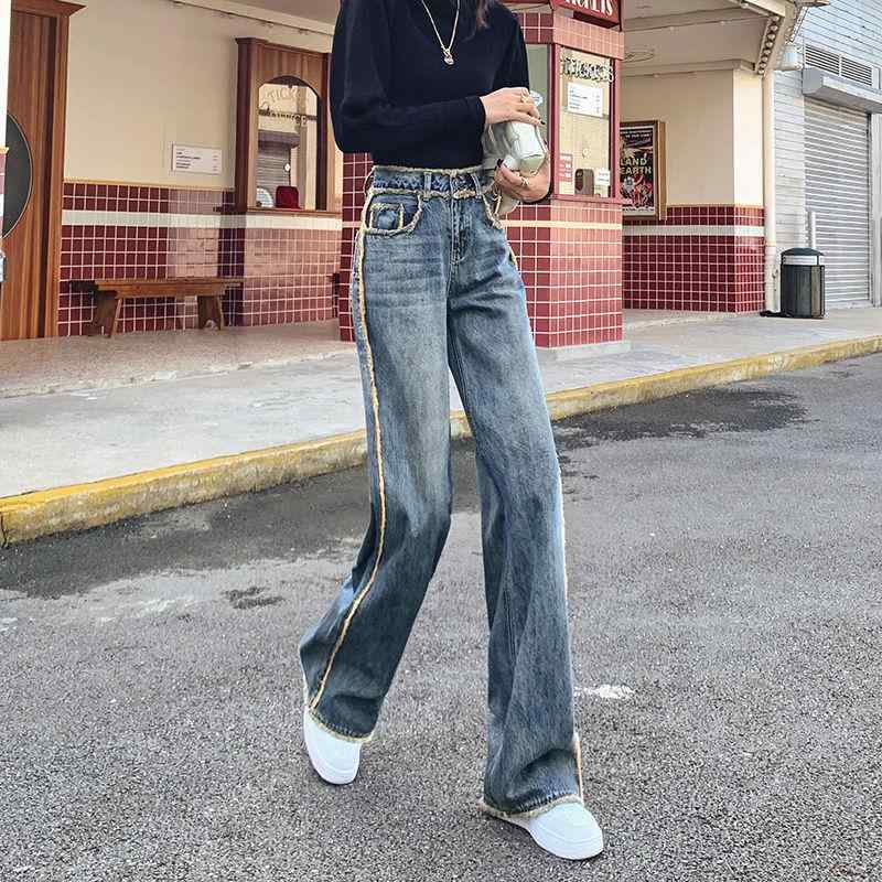 デニムパンツ レディース ボトムス ジーンズ ハイウエスト ストレート 春秋 カジュアル ファッション フリンジ 厚手 暖かい ブルー 5,699円