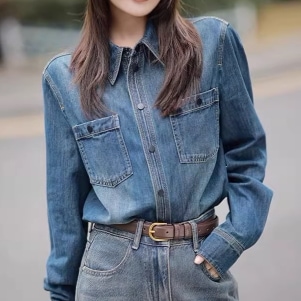 レディース トップス シャツ ブラウス デニム 長袖 襟付き 角襟 ポケット 前開き ボタン アメカジ ブルーデニム シンプル カジュアル 上品 おしゃれ かっこいい こなれ感 メンズライク