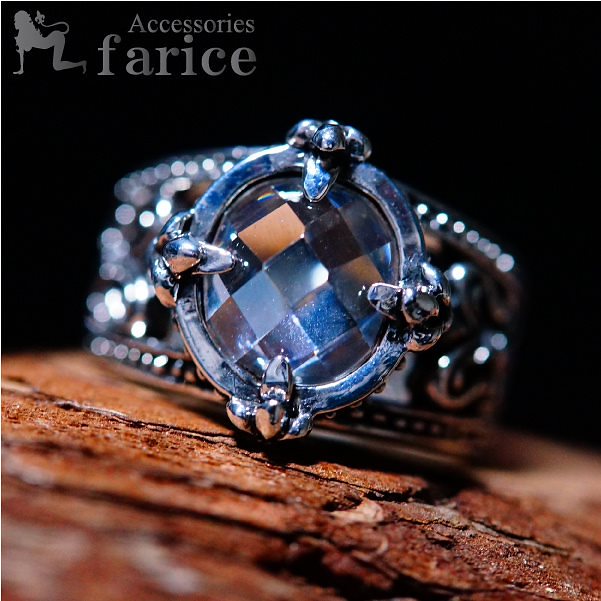 ダブルサイドカットリリー&クオーツストーンシルバーリング