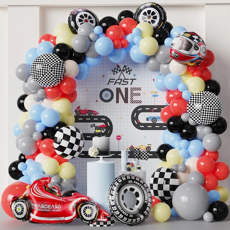 納期21日:レースカーテーマバルーンガーランドナークキットシーブルーブラックラテックスバルーン男の子の2つの速い誕生日パーティーベビーシャワーの装飾118個