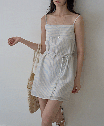 ルビーズストラップセットストライプスリーブレスミニワンピース