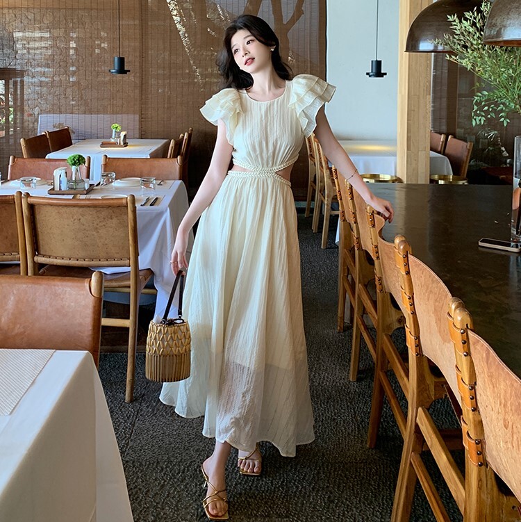 レディース ワンピース ドレス ワンピドレス ロング マキシ フレアスリーブ フレンチスリーブ フリル袖 ラウンドネック フレア Aライン ウエスト開き バックコンシャス ハイウエスト 透け感