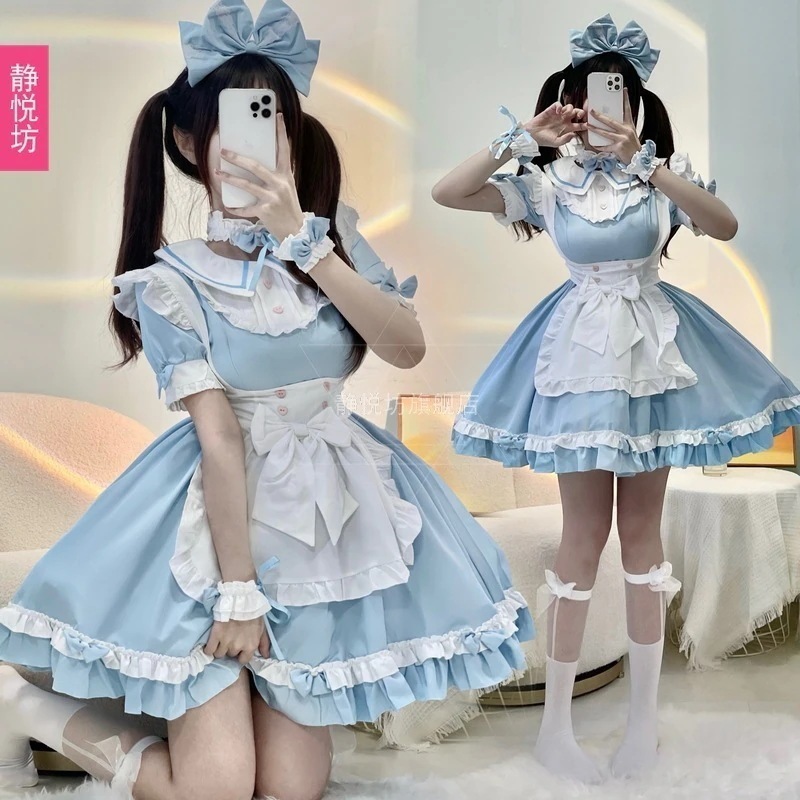 青いアリス仙国ロリータアニメロリコス服ワンピース優しい女の子コスプレ衣装メイド服絶妙な