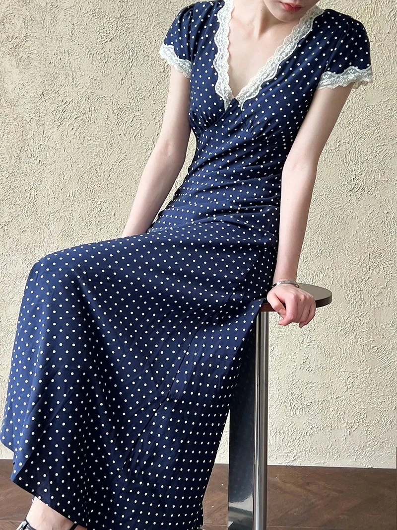 フランス レース ポリエステル繊維 ワンピース はてん Vネック ウエスト引き締め 着痩せ ロングスカート