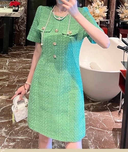 レディース ドレス ミニ ショート 半袖 ラメ感 スリム 細身 ストレート フェミニン コンサバ ヴィンテージ かわいい 大人可愛い 上品 おしゃれ レトロ エキゾチック 主役級 存在感 かっちり