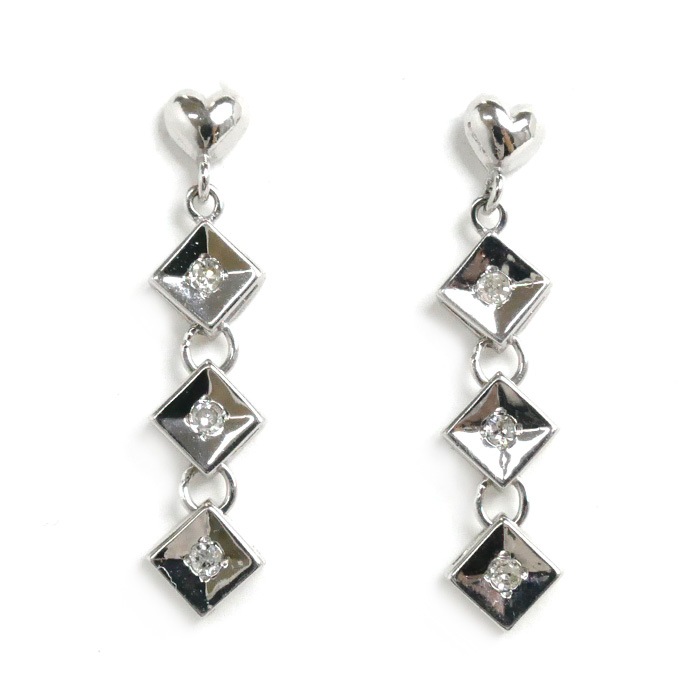 K14WG ホワイトゴールド ダイヤ 3列 ピアス ダイヤモンド 1.0g ハート ひし形 レディース 中古