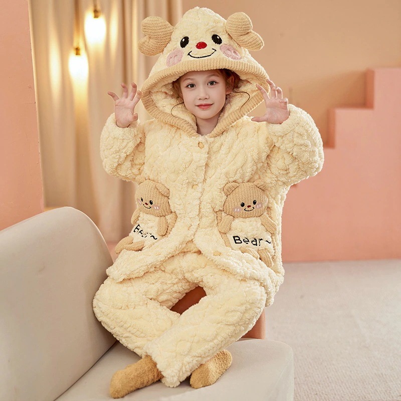 子供用珊瑚絨毯部屋着女の子厚手冬中大童3層綿入りクマの赤ちゃんパジャマセット