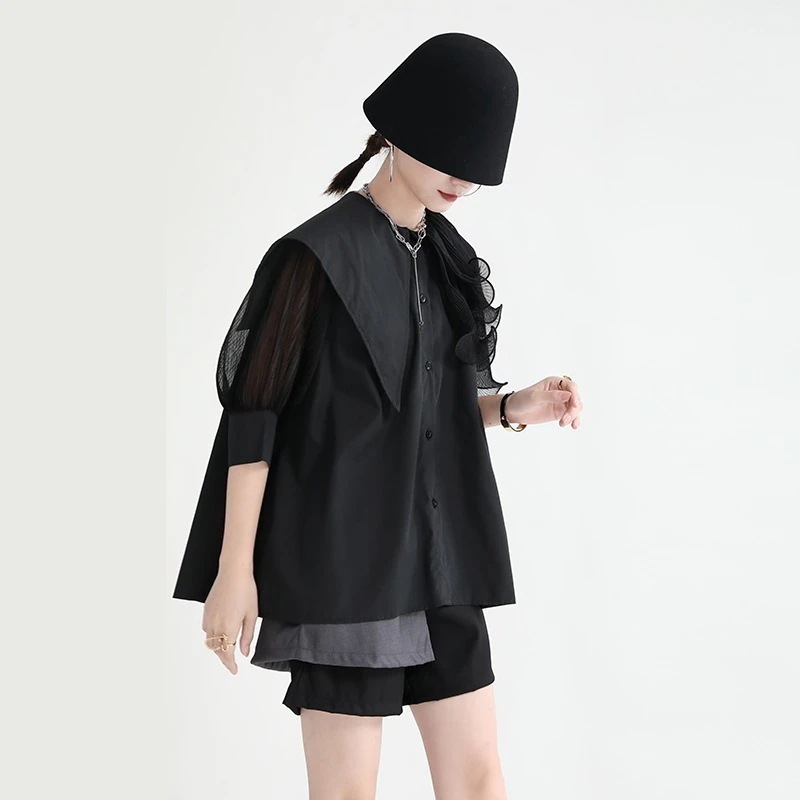 【J.Fashion】 おしゃれ シフォン ブラウス レース飾り ショート ロング版 ベルト付き 「ショートパンツは店で別売れして」 パフスリーブ フリル 日焼け止め 半袖 オフィス 韓国 メガ割