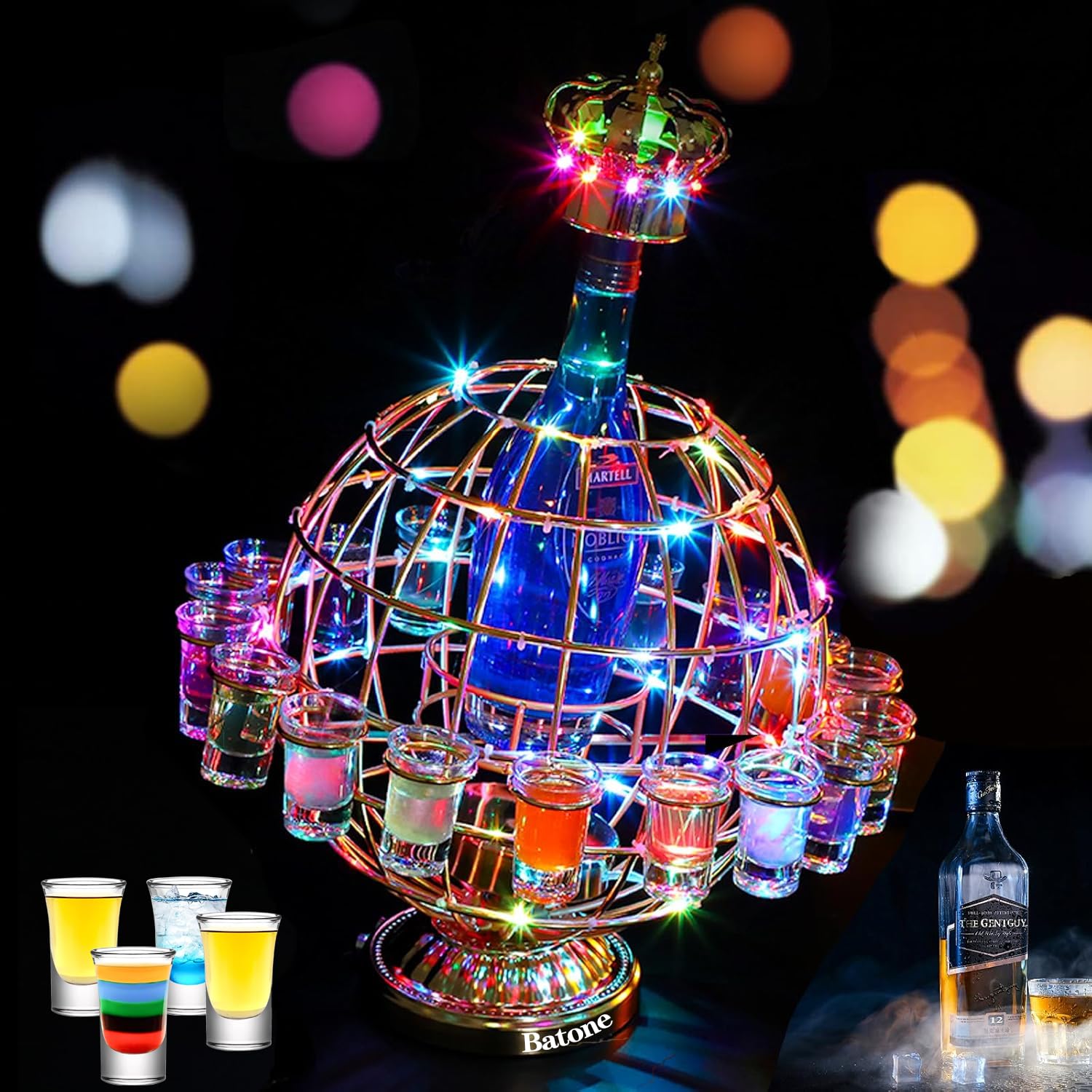 Batoneテキーラ地球儀 回転可能 LED酒ボトルの表示棚12カップ LED テキーラ 地球ショットグラス カクテルグラスホルダー 酒棚 ラック酒器 酒棚 テキーラ観覧車 パーティ 開店祝い 開店
