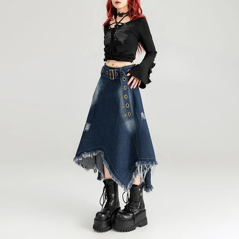 【ギフトベルト】夏デザインの涼しげなイレギュラーデニムスカートとスリムローエッジタッセルロングスカート