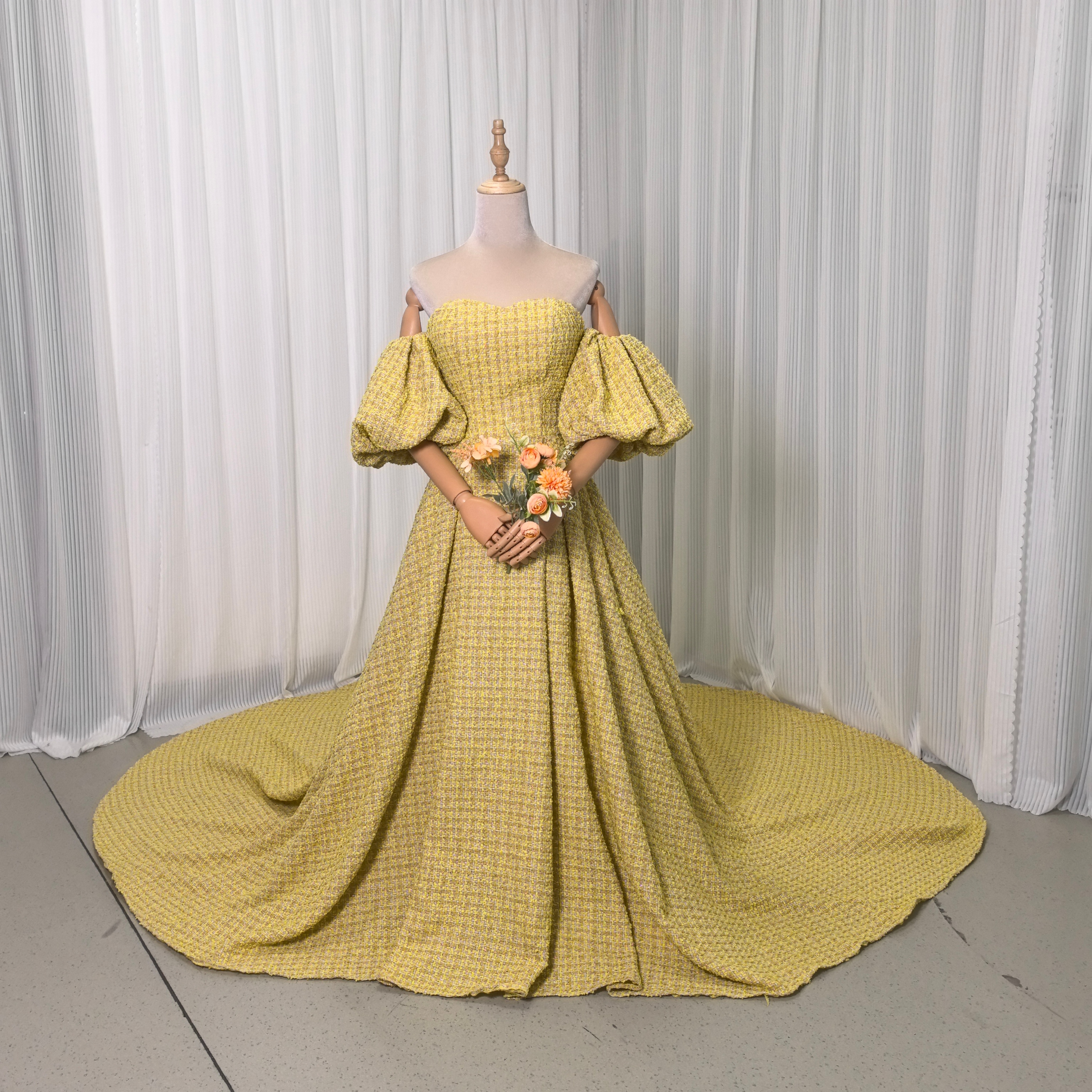パーティードレス パフスリーブ イエロー ツイードドレス 編み上げ ロングトレーン 前撮り 二次会
