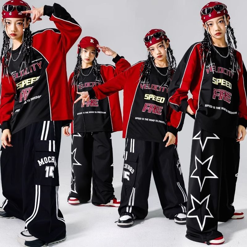 元旦の子供の街のダンスの公演服の男の子のヒップホップのスーツのファッションの赤い子供のhiphopの女性の子供服の機関車の服装