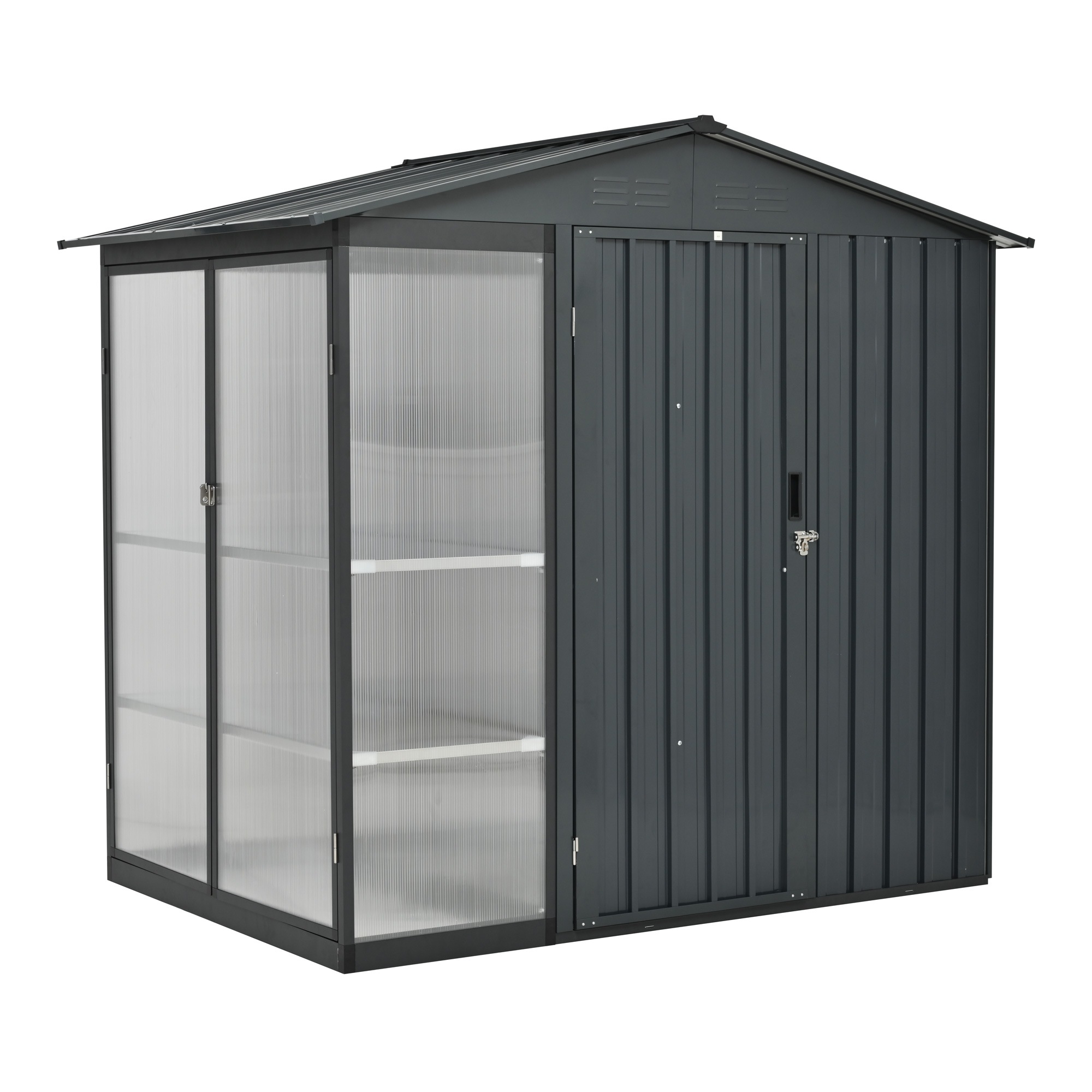 【国内発送】129【温室付き】物置 屋外 スチール 可動棚 倉庫 戸外収納庫 W180*D121*H180cm 物置き おしゃれ 大型 収納庫 屋外物置 防さび ベランダ 防水 ドア スチール物置 屋