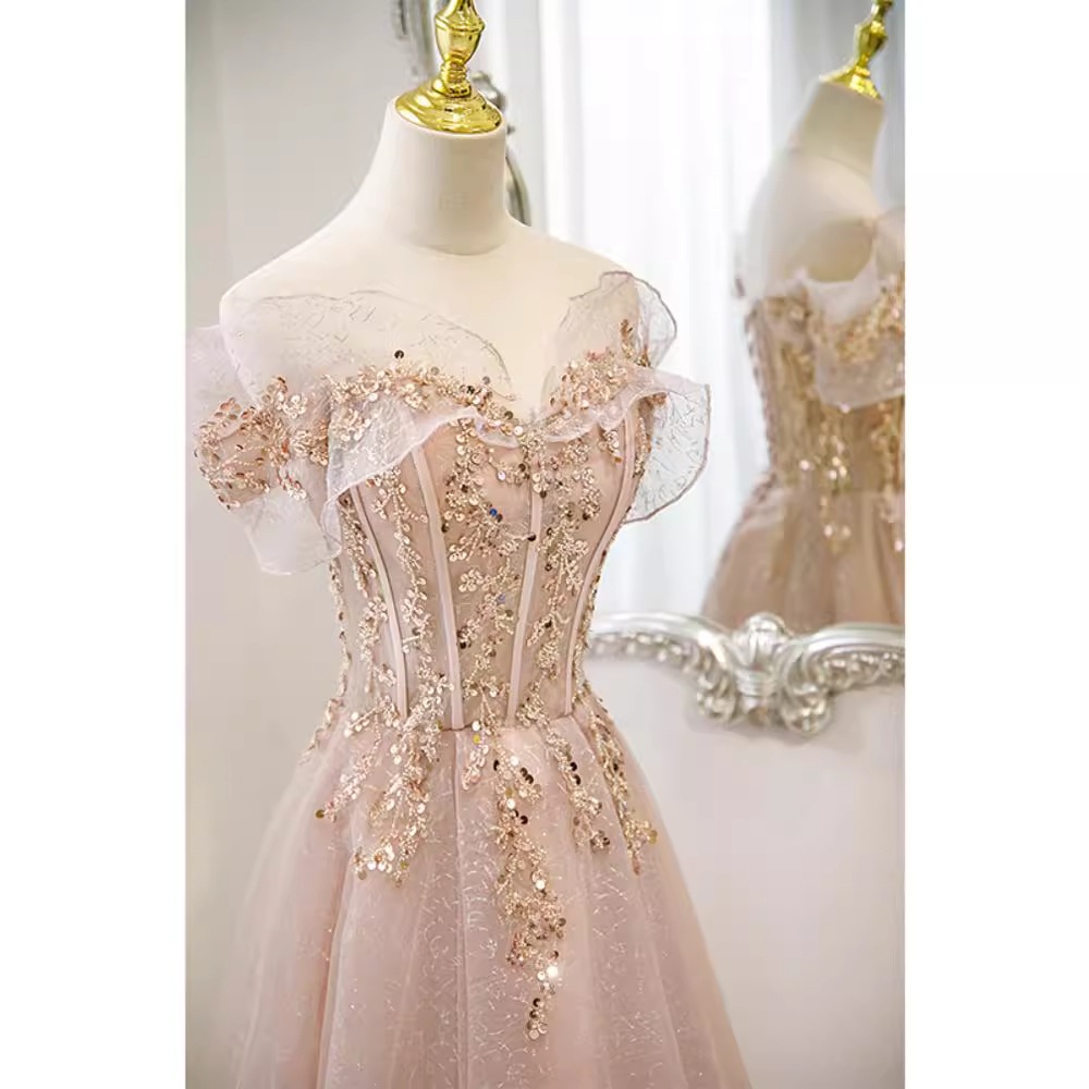 2024夏ワンショルダー優しいピンクイブニングドレス女性ホストボーカルアート試験気質婚約ドレス