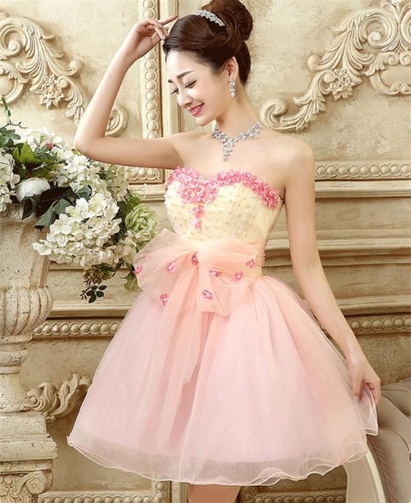 在庫処分　即納　XXL　ピンク　カラードレス　ミニ丈　二次会ドレス　パーティードレス　ウェディングドレス　演出舞台　発表会　演奏会用ドレス ショートドレス プリンセスライン　司会　ステージ衣装二次