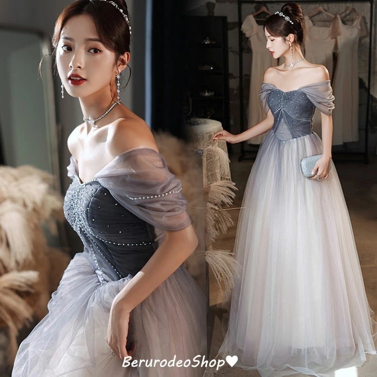 イブニングドレス オフショルダー ロングドレス グラデーション オシャレ 発表会ドレス ビーズ キレイめ パーティードレス 結婚式ドレス 二次会ドレス お呼ばれドレス チュール