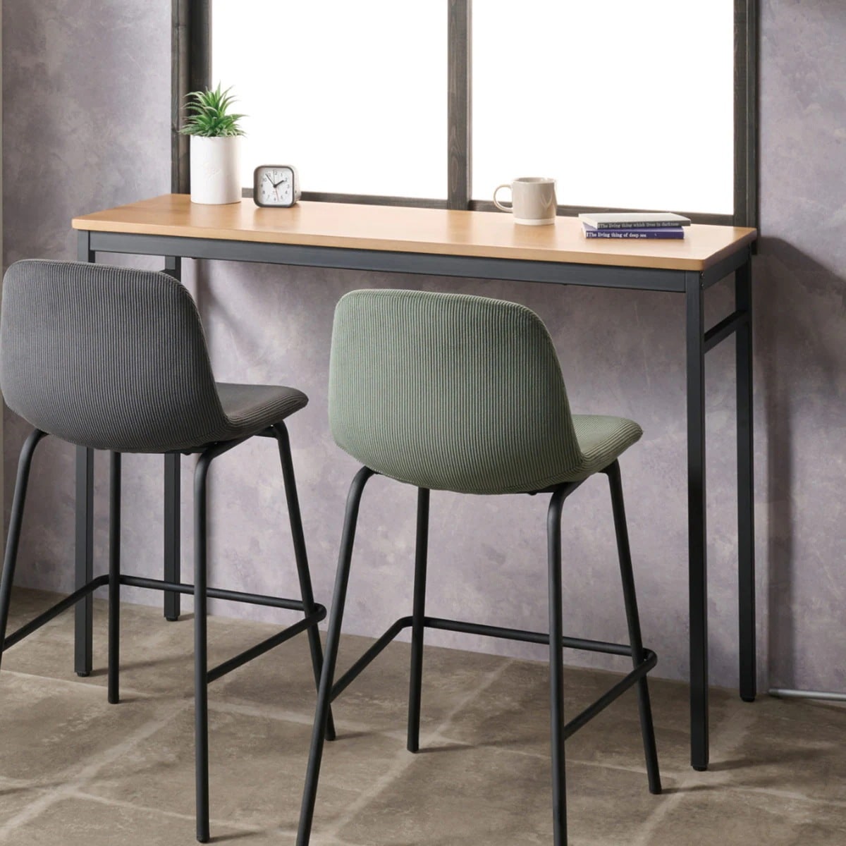 カウンターテーブル 高さ85cm 2人掛け 木目 幅120cm ハイテーブル カウンター テーブル ダイニング 長方形 脚 スチール 異素材