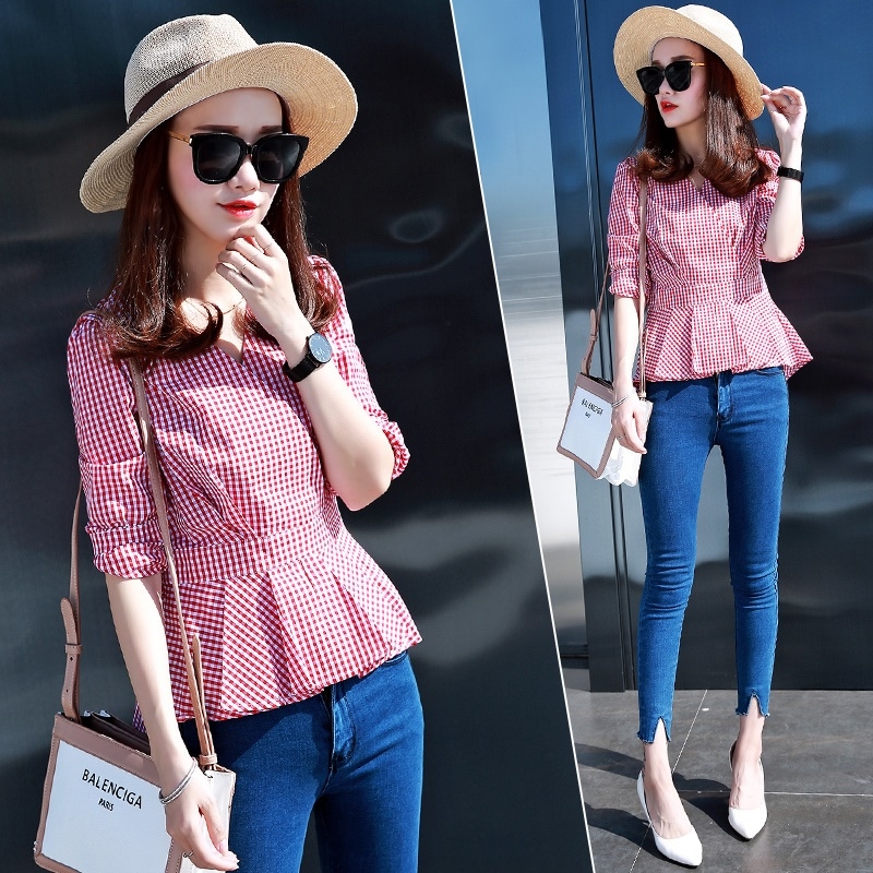 2335.ギンガムチェックバックボタンデザインぺプラムトップス(レッド) 2019 春夏 新作 大人 かわいい カジュアル OL 20代 30代 デート服 女子会 100,000円