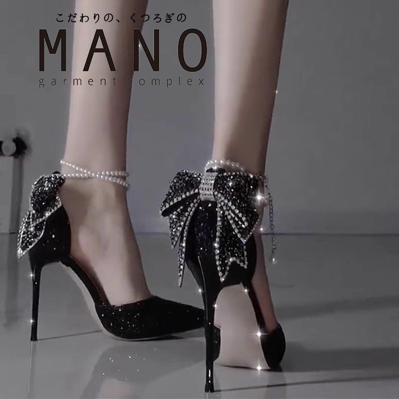 【MANO.上品】ブラックスワン ハイヒール ダイヤモンド飾り ピンヒール 黒鳥 蝶結び キラキラ 綺麗 上品 本革 レディース ヒールパンプス