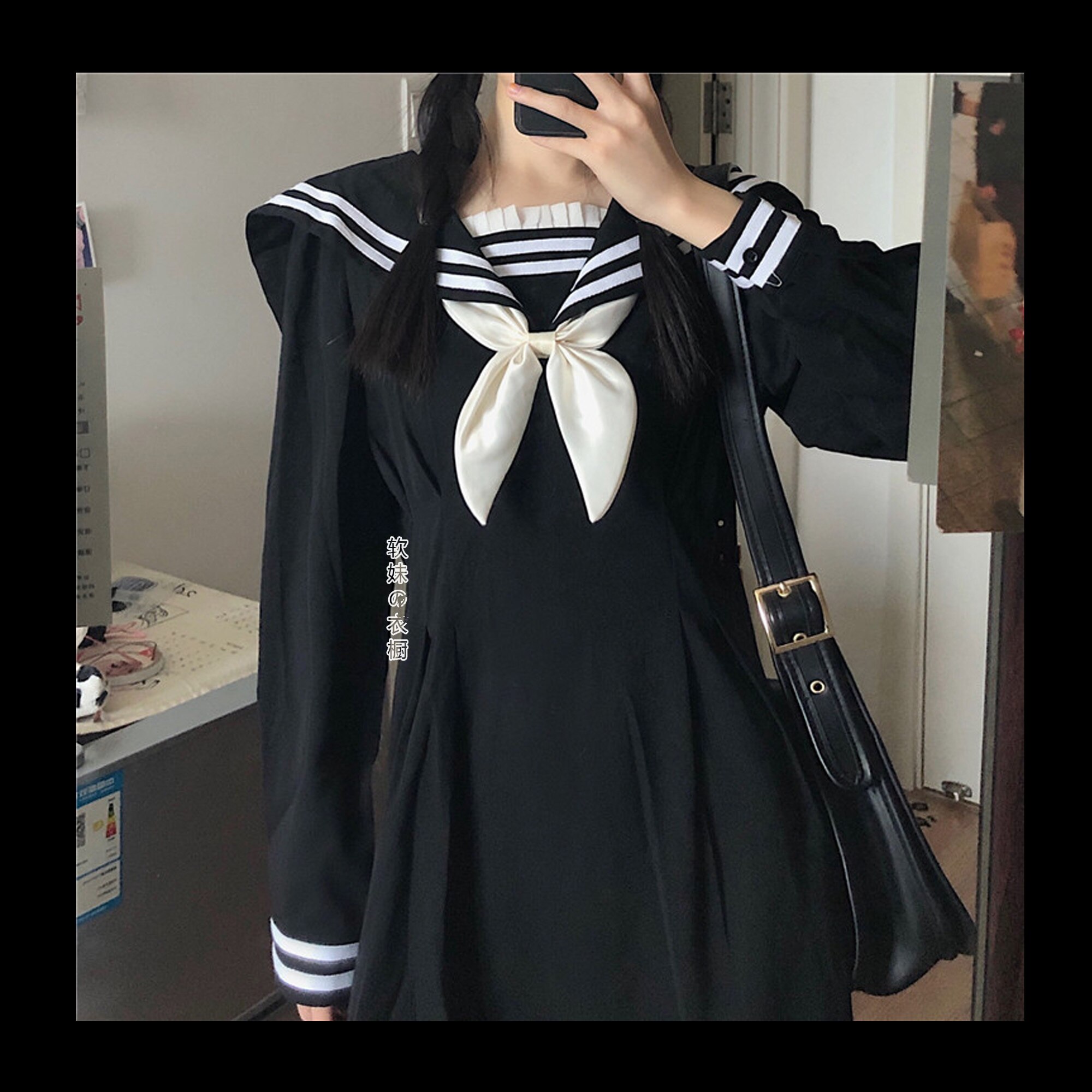 リボン ワンピース 長袖 春 秋 かわいい ワンピドレス ショート ショート丈 膝上 萌袖 襟付き セーラーカラー 細身 Aライン 切り替えデザイン フリル リボン ウエストマーク ハイウエスト 黒