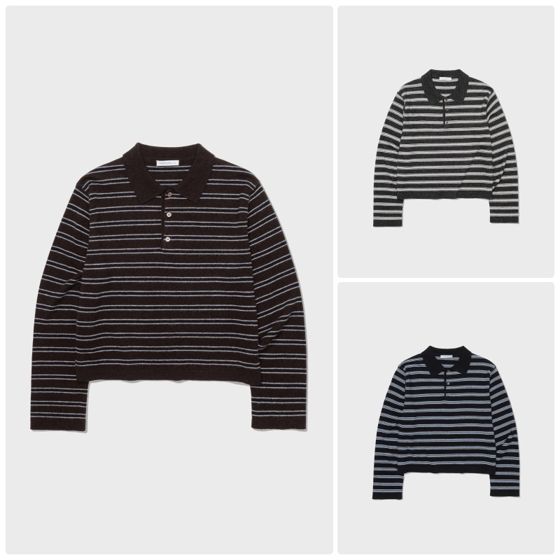 【LOW CLASSIC】 25FW MERINO CASH STRIPED POLO SWEATER : 3COLORS