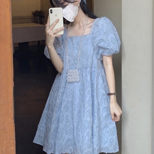 ドールドレス 2022 春 夏 秋 新作 スクエアネック カラー 花柄 パフスリーブ プリンセス 小さめドレス キャミワンピース トップス セミロング 着痩せ 日韓 花柄 シフォン ワンピース