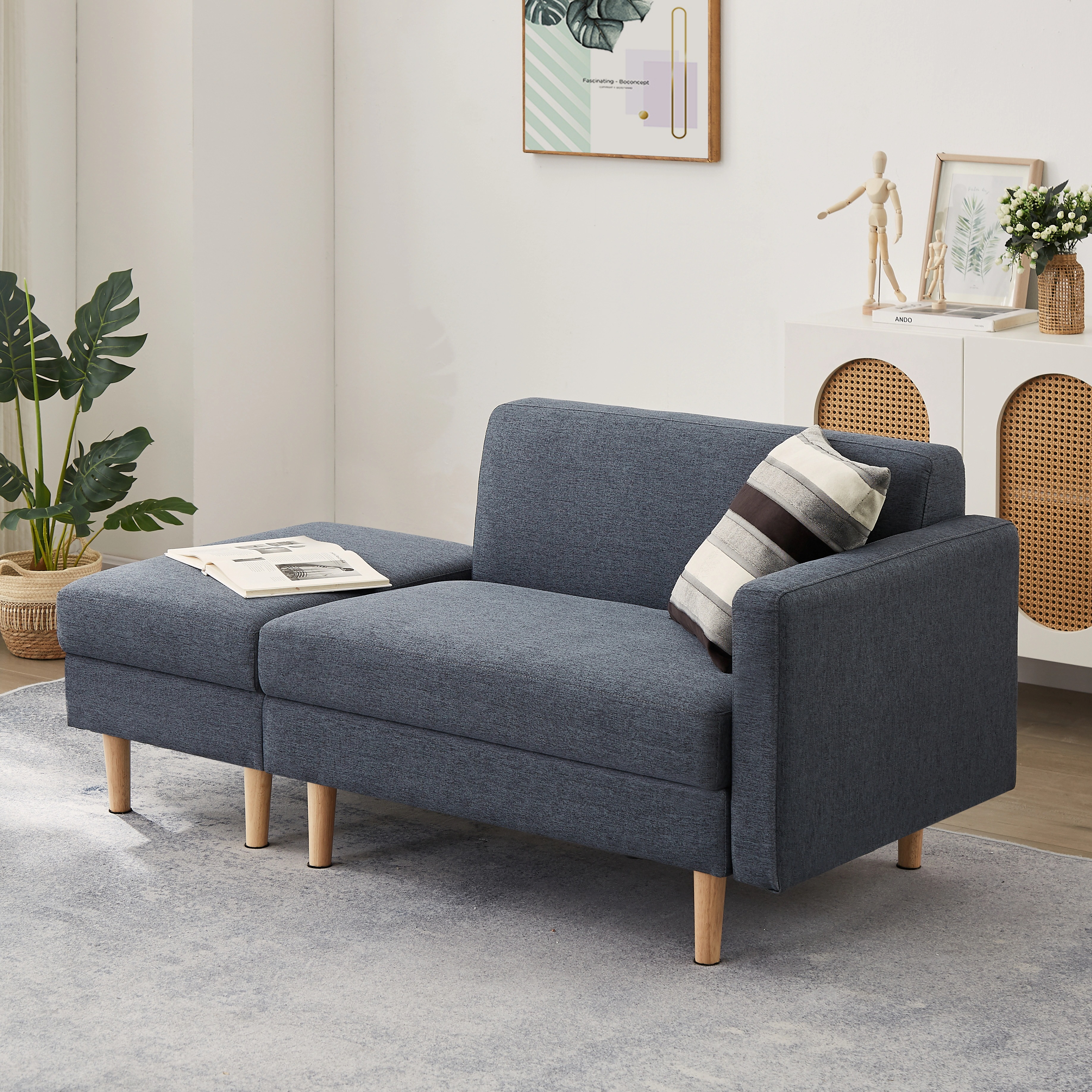 630One Arm 2 Seater sofa+Ottoman ソファ 2人掛け 収納付き オットマン付き ファブリック 肘掛け 木脚外し可能 ローソファ コンパクト ひとり暮らし カウチソファー