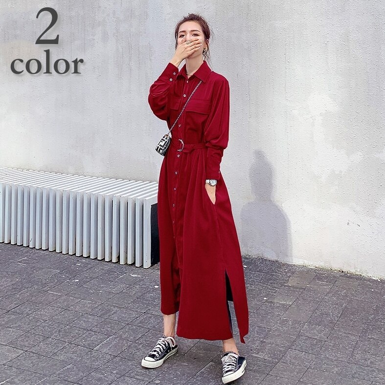 【超お得1つ買うと10個もらえる】急速出荷ワンピース Aライン レディース 女性 シャツワンピース 襟付き 前ボタン 長袖 ロング丈 サイドス