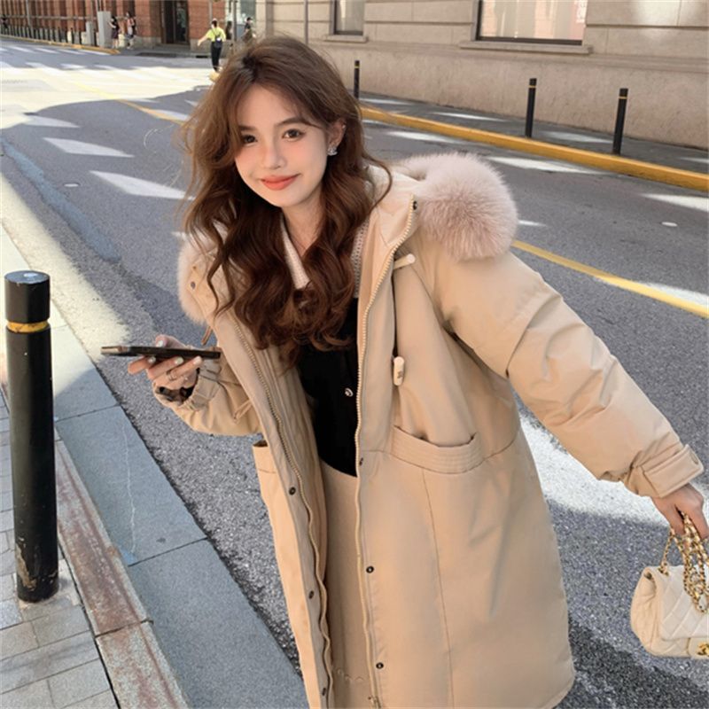 ホワイトダックダウンダウンジャケットレディースミディアムレングス膝丈冬の緩い暖かい毛襟ジャケット