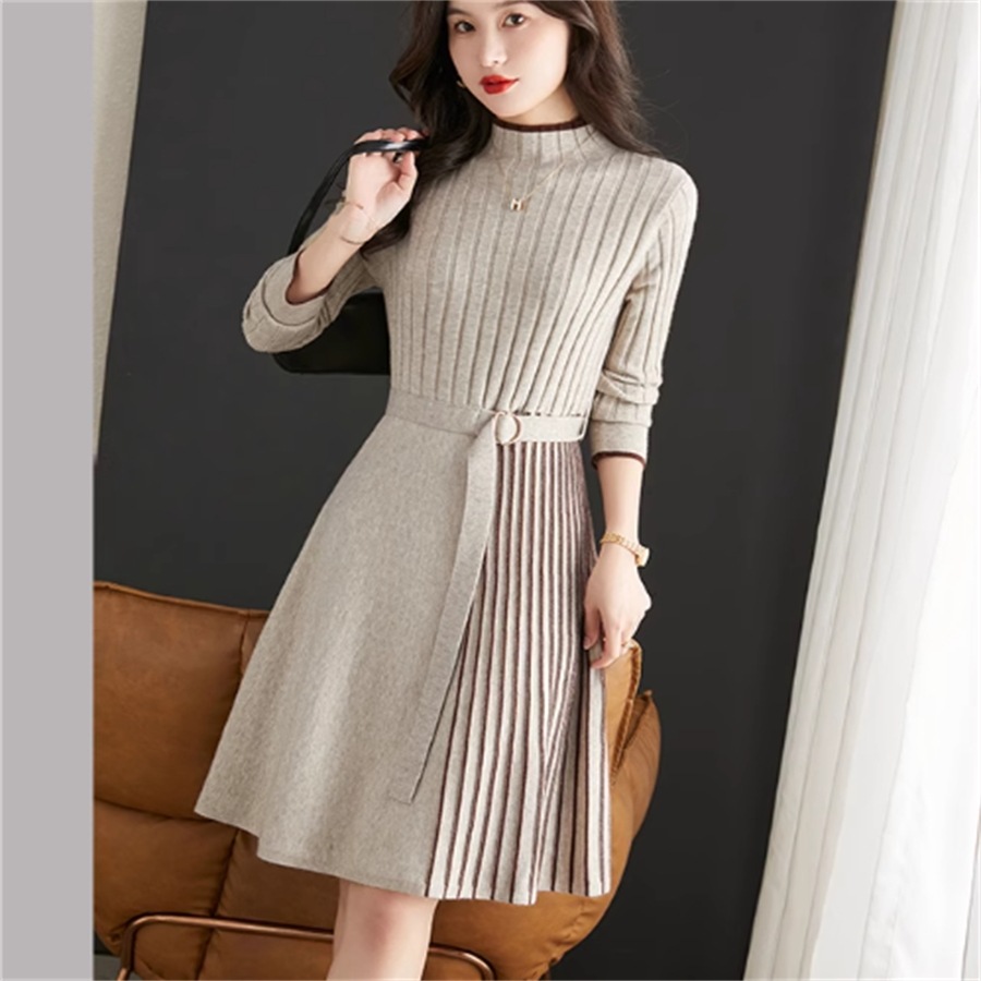 新入荷 ワンピース 3色 ロング ひざ丈 袖あり 長袖 クルーネック ハイネック Aライン フレア ベルト バイカラー 厚手生地 ニット エレガント 可愛い 大人可愛い きれいめ シンプル