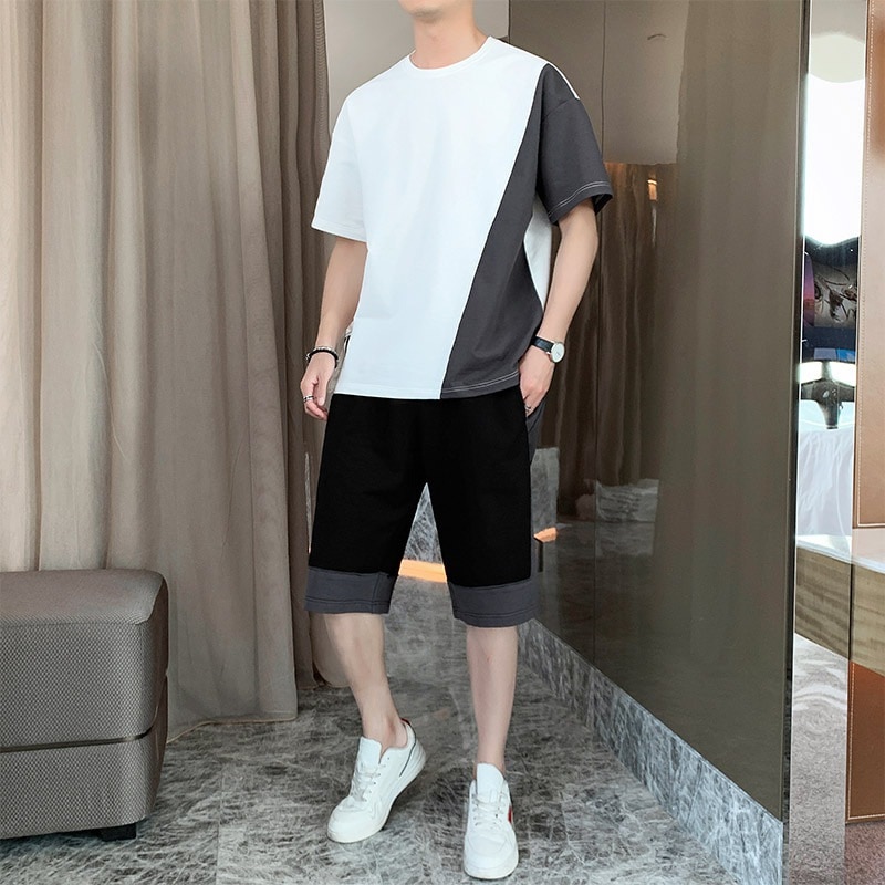 メンズ上下セット半袖夏服スポーツグラデーションパーティーカジュアルメンズファッショントップス